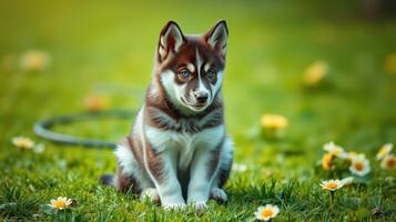 Adorable husky puppy sitting in a field of flowers during a sunny afternoon photo