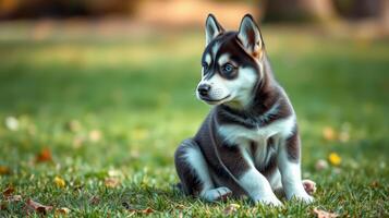 Playful husky puppy sitting on grass during a bright afternoon in a park photo