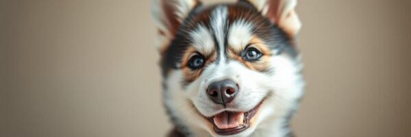 Happy husky puppy posing indoors with a playful expression and bright eyes photo