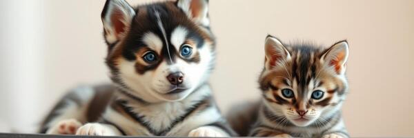 Playful puppy and curious kitten enjoying time together in cozy indoor setting during daylight hours photo