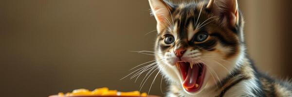 Cat expressing surprise while sitting near a plate of food in a cozy indoor setting during the afternoon photo