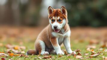 Cute Siberian husky puppy sitting on grass surrounded by autumn leaves in a park during a sunny day photo