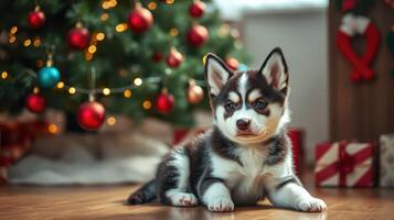 Cute husky puppy relaxing by the decorated Christmas tree with colorful lights and ornaments in a cozy living room photo