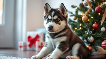 Cute husky puppy sitting by a decorated Christmas tree with presents on a cozy winter afternoon photo