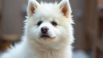 Cute fluffy white puppy resting in a cozy environment with a calm expression photo