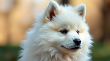 Fluffy samoyed puppy resting outdoors on a sunny day in a park with vibrant greenery and soft light photo