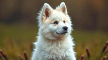 Fluffy white dog enjoying a peaceful moment in a grassy field during golden hour light photo