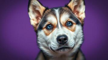 Corgi puppy with striking blue eyes posing against a vibrant purple background in an indoor setting photo