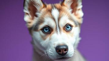 Beautiful husky dog with striking blue eyes against a vibrant purple background in a studio setting photo
