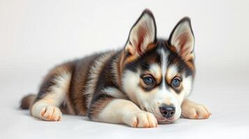 Cute husky puppy resting on a light background with a calm expression and unique markings photo