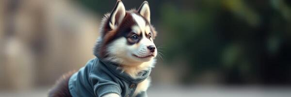 Adorable husky puppy wearing a sweater enjoys a playful day outdoors in a vibrant garden setting photo