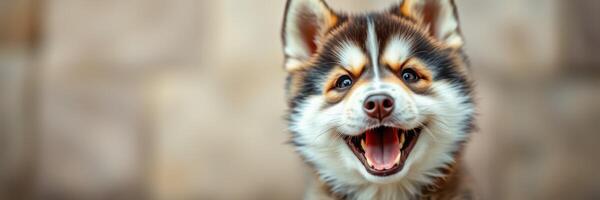 Happy dog with a playful expression enjoying outdoor time in a blurred background with warm colors photo