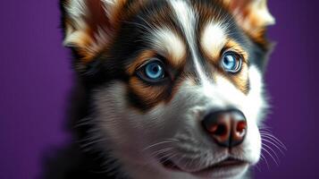 Beautiful husky puppy with striking blue eyes looking into the camera against a vibrant purple background photo
