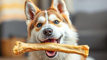 Happy dog plays with a large bone indoors during a cozy afternoon photo