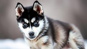 Siberian husky puppy poses playfully in a snowy landscape during winter photo