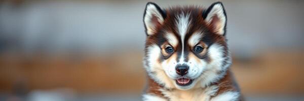 Cute puppy with striking fur patterns playing in a cozy indoor setting on a sunny day photo
