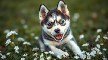 Cute husky puppy playfully exploring a flower-filled garden on a sunny day photo