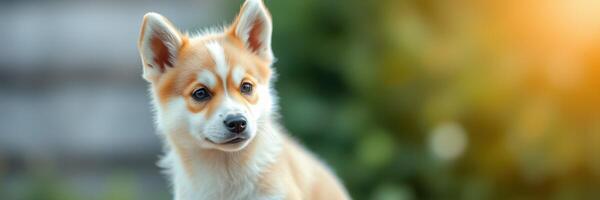 Cute corgi puppy sitting in a green garden during sunset with a soft glow illuminating its fur photo