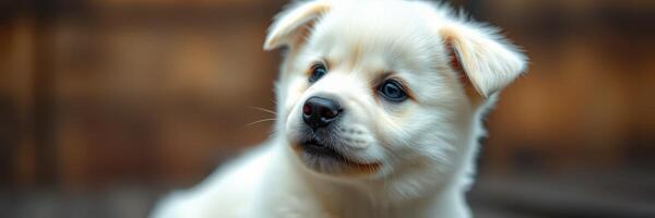 Cute white puppy sitting quietly in a soft, warm environment during the afternoon light photo
