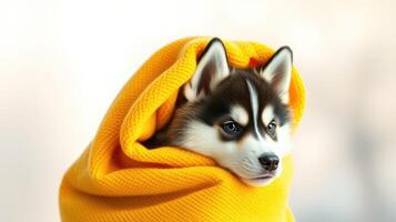 Cute husky puppy wrapped in a bright yellow blanket relaxing indoors on a soft surface photo