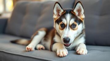 Cute husky puppy relaxing on a couch in a cozy living room during afternoon sunlight photo