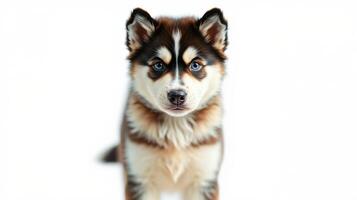 Bright-eyed husky puppy stands alert against a plain backdrop, showcasing its beautiful fur coat and captivating eyes photo