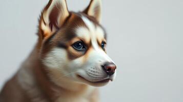 Beautiful Siberian Husky puppy with striking blue eyes and distinctive markings poses gracefully indoors photo