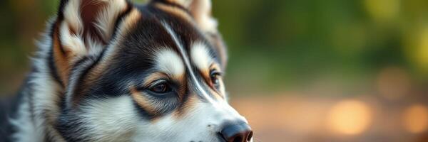 Beautiful Alaskan Malamute puppy exploring nature during golden hour in a serene outdoor setting photo