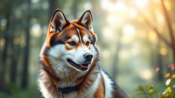 Beautiful husky dog standing in a lush forest during golden hour light with a calm expression photo