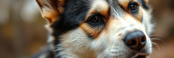 Beautiful close-up portrait of a fluffy dog with striking features in a natural outdoor setting during golden hour photo