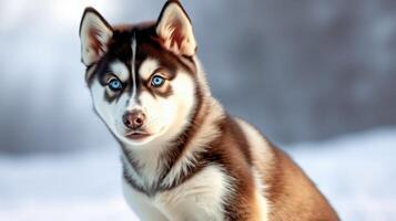 Husky puppy sitting in the snow with striking blue eyes in a winter landscape during daylight photo