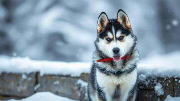 Husky dog enjoying a snowy day in the winter landscape of a forest photo