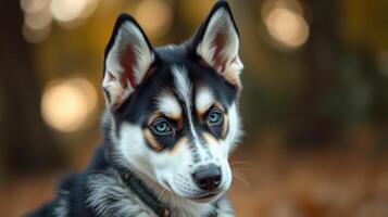 Beautiful husky puppy with striking blue eyes enjoying autumn outdoors in a natural setting photo