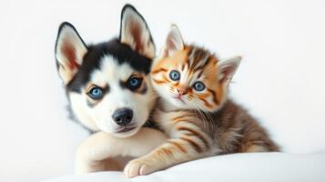 Playful puppy and kitten cuddle together in cozy indoor setting during bright afternoon light photo