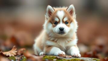 Cute fluffy corgi puppy resting on autumn leaves in a serene park setting photo