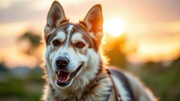 Dog enjoying a sunset in a lush outdoor park while wearing a harness, radiating happiness and energy photo