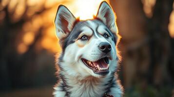 Playful husky basking in the warm glow of a sunset in a serene outdoor setting photo