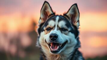 Happy husky dog enjoying a beautiful sunset outdoors in a serene setting with vibrant colors in the sky photo