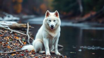 Beautiful white dog resting by a calm riverbank surrounded by autumn foliage in a serene natural setting photo