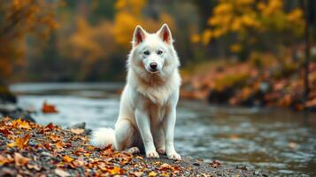 White samoyed dog sitting by a river in a vibrant autumn landscape with colorful leaves photo
