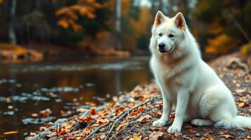 Samoyed dog resting by a serene river surrounded by autumn foliage in a tranquil forest setting photo
