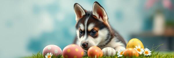 Cute puppy playing with colorful Easter eggs in a playful setting during springtime photo