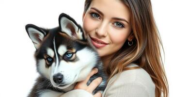 Woman holds a husky puppy close to her, showcasing affection and bond in a warm indoor setting with soft lighting photo