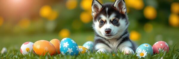 Cute puppy surrounded by colorful Easter eggs in a vibrant flower garden during springtime photo