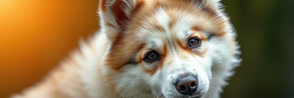 Beautiful fluffy dog with expressive eyes poses for a close-up in natural light at an outdoor location during sunset photo