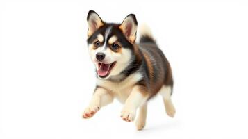 Happy dog leaping joyfully against a plain background showcasing its playful spirit and lively nature photo