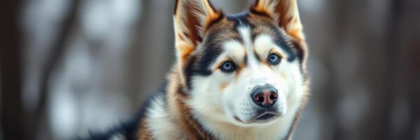 Majestic husky stands in snowy forest landscape during winter season photo
