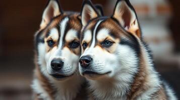 Two husky dogs close together, showcasing their sharp features and expressive eyes in a cozy outdoor setting photo