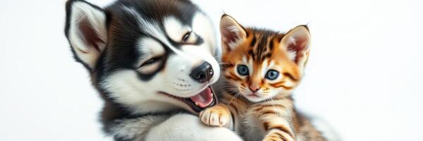 Cute puppy and kitten play together in a cheerful setting during daytime photo