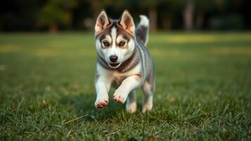 Cute husky puppy runs joyfully across a green meadow in bright sunlight during a warm afternoon photo